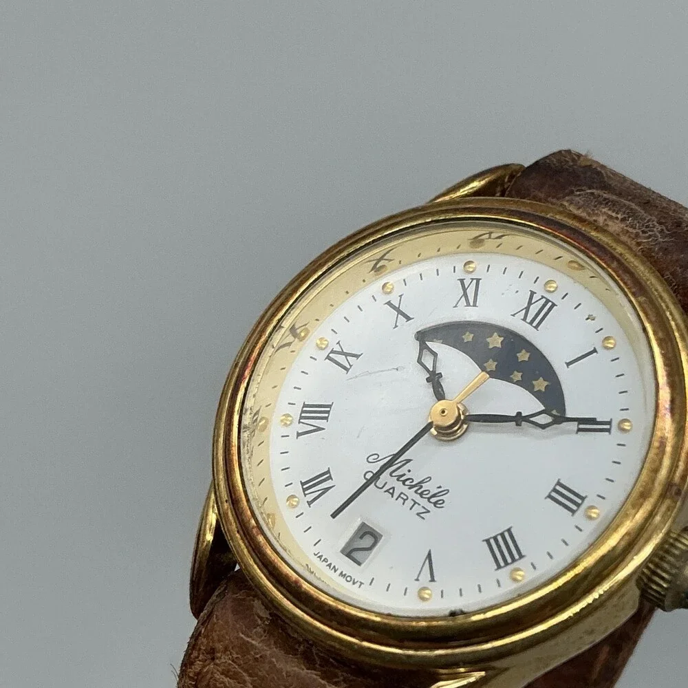 Vintage Michele Womens Watch 23mm Gold Tone Moon Phase Brown Leather New Battery